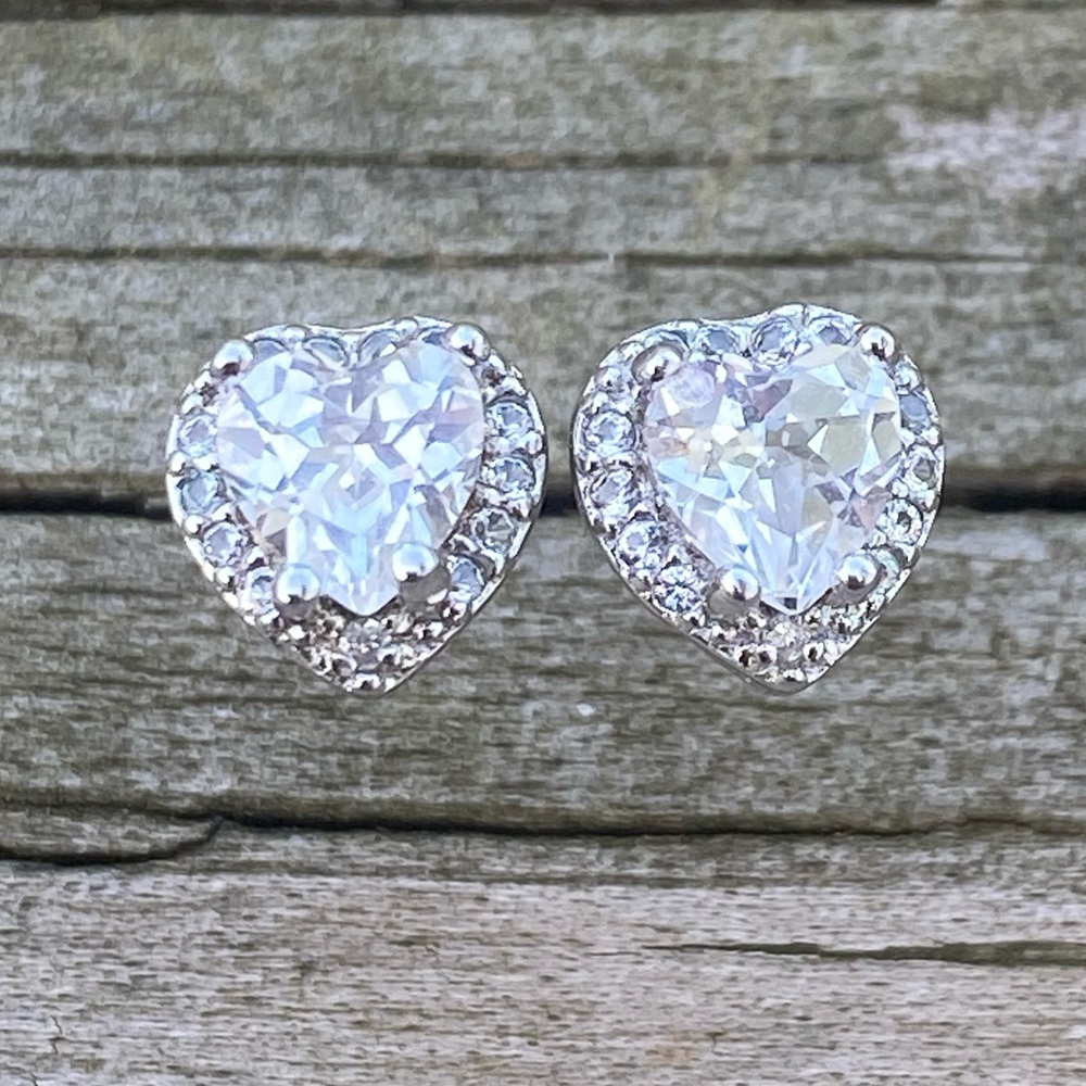 Sterling Silver Zircon heart halo earrings 5 mm heart stud earrings